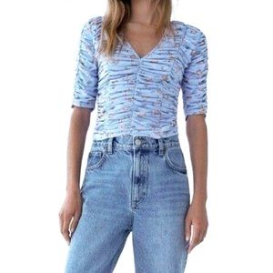Zara Top Ruched Floral Blue Crop Size M